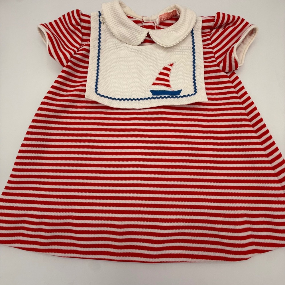 Betti Terrell Vintage Baby Dress Nautical Red White Stripe Bib Collar 12-18